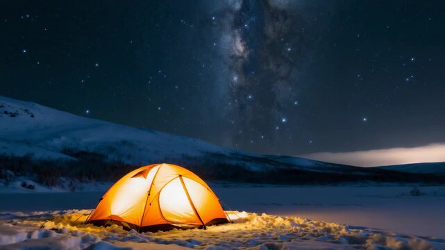 Vertical video: Camera framing shifting upward revealing lit orange tent and Milky Way for travel