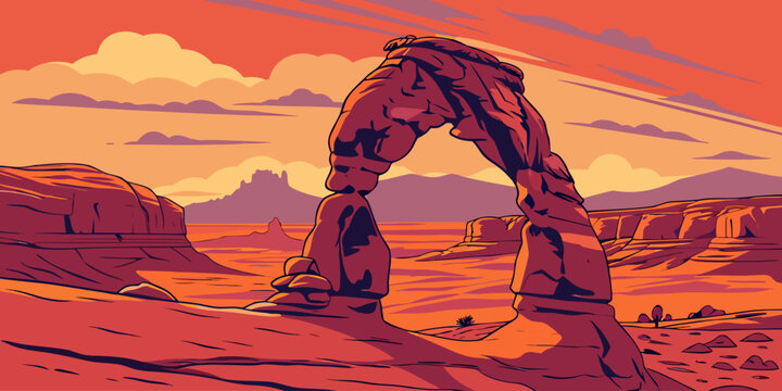 USA, US, U.S, United States - Arches National Park delicate arch glowing red sandstone sunset panorama
