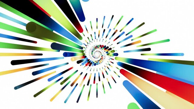 Colorful lines spiral inward on a clean white background. This hypnotic animation looks like a modern digital tunnel. 3D render motion.