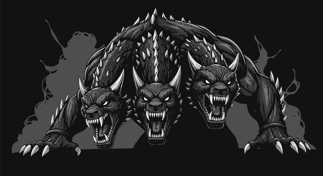 Three-Headed Dog Illustration of Cerberus Guarding the Underworld Gates.