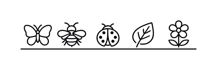 Obraz premium Simple line art icons of butterfly, bee, ladybug, leaf, and flower on a white background. A minimalist collection of five distinct line drawings representing nature's elements