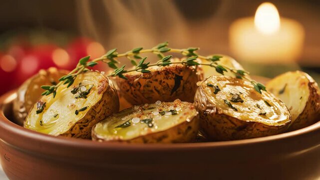 Roasted potatoes with herbs in a rustic bowl appetizing food photography