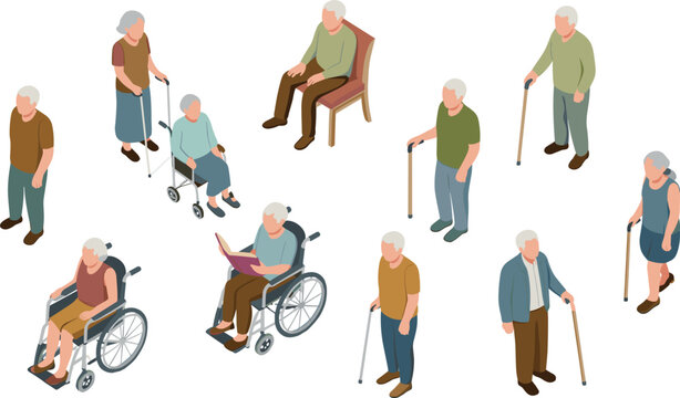 Elderly people isometric characters set, senior citizens with walking cane and wheelchair, aging population healthcare, retirement lifestyle illustration design