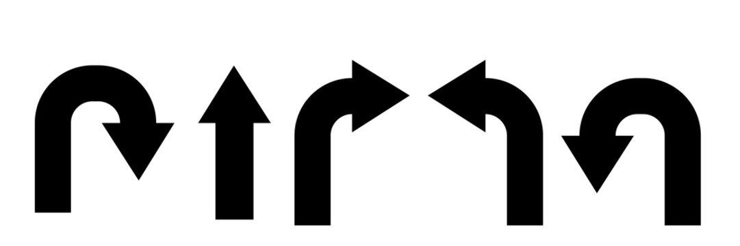Set of traffic sign icons: arrow signs, right and left turn signs, right and left U turns.