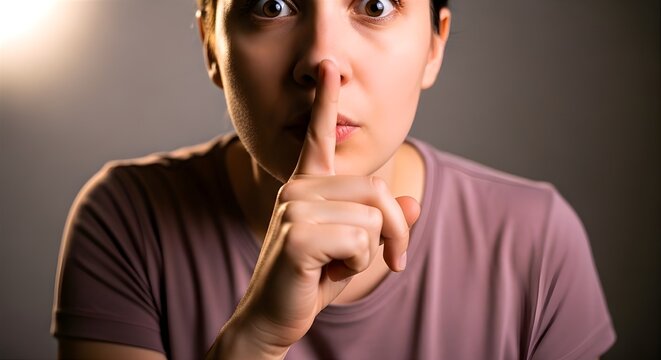 Close-up of a young woman making a shushing gesture with a finger over her lips, representing silence, secrets, privacy, quiet communication, and the concept of keeping information hidden.