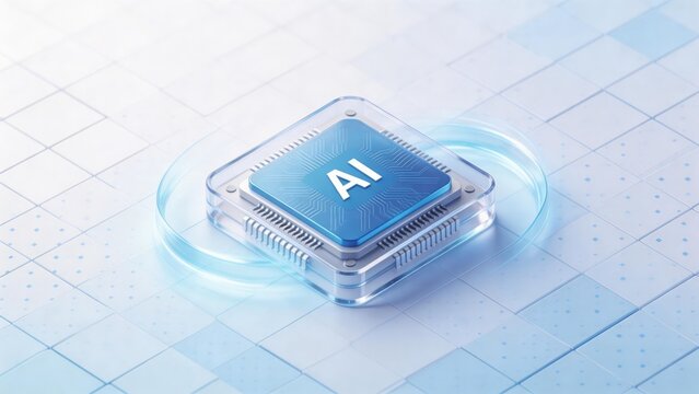 AI processor chip on transparent futuristic circuit platform with glowing digital ring and blue technology grid background, idea for artificial intelligence computing cloud data innovation concept