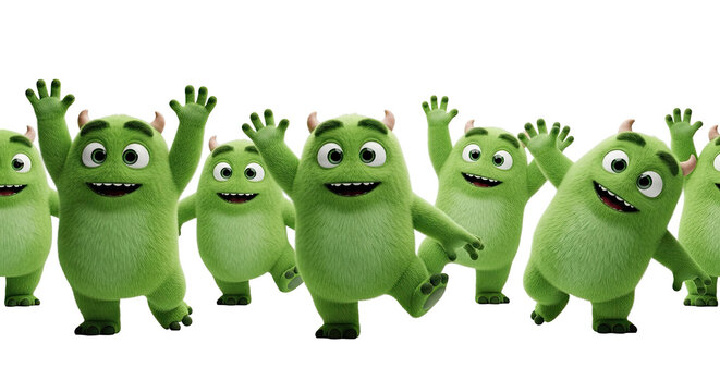 Group of Green Furry Monsters Dancing and Waving