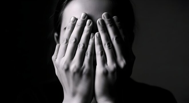 Dramatic black and white portrait of a person covering their face with both hands, symbolizing hidden emotions, mental health struggles, grief, trauma, and the untold stories of the soul.