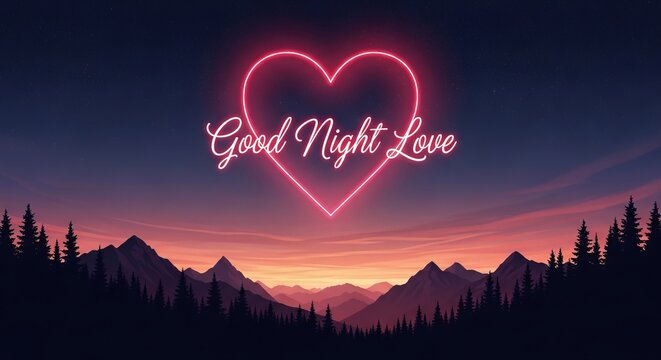 Romantic Neon Heart with "Good Night Love" Text Over Mountain Sunset Landscape