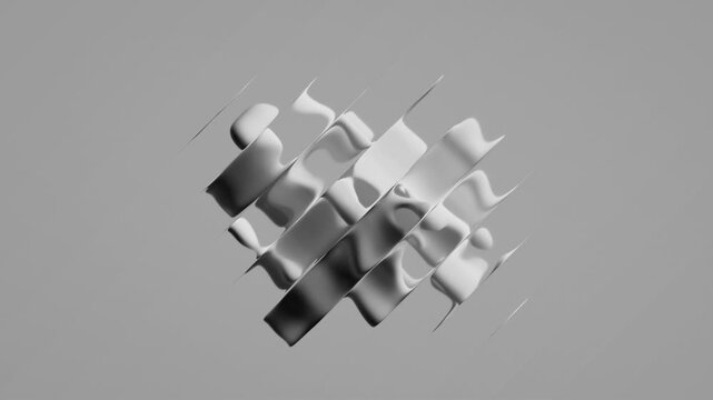 Liquid, checkered glass forms spin and ripple, catching light and generating subtle refractions. 3D render animation.