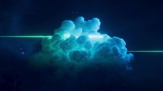 Seamless loop of a fluffy cloud in deep space with pink and red neon shooting stars and a cyan laser beam passing through it. Starry night sky background. Cinematic motion graphic.