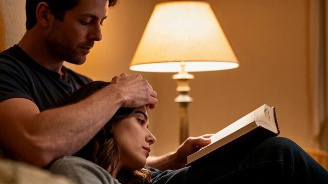 Holding open book, man in dark tee stroking her hair, comforting on home sofa under lamp
