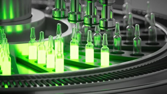 Automated filling line for green glowing ampoules. Industrial pharmaceutical loop animation with neon medical vials.