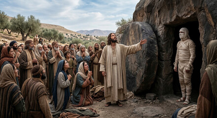 The biblical scene of the resurrection of Lazarus. The biblical scene.