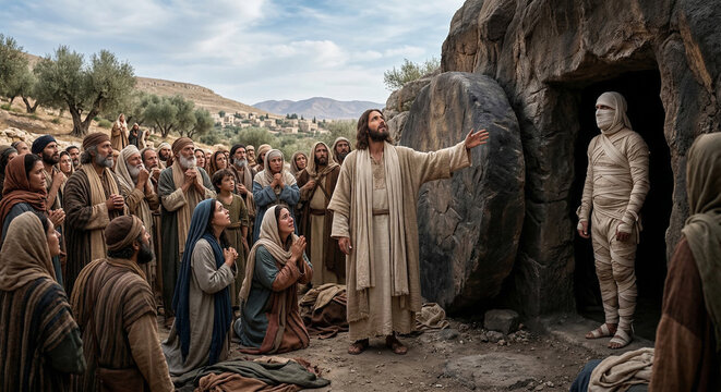 The biblical scene of the resurrection of Lazarus. The biblical scene.
