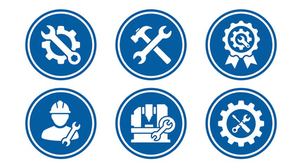 Set of Six Blue Circular Icons Representing Tools and Settings. Vector Icons Set