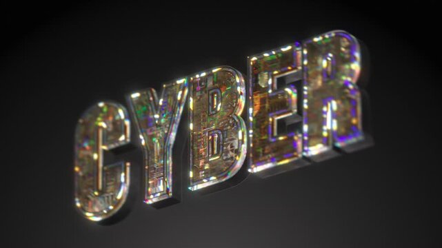 Seamless loop of 3D CYBER text made from vivid multicolor circuit board texture spinning on axis. Dynamic angled perspective with holographic PCB surface on black background.