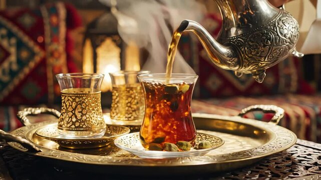 Tea pouring from decorative silver pot into clear glasses on golden tray