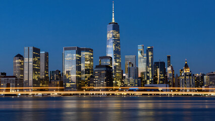 Obraz premium Illuminated New York City Skyline at Dusk with One World Trade Center Prominent Against Deep Blue Sky Reflected in Water Below