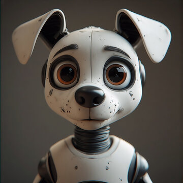 Close-up of a white robotic dog with oversized brown eyes, floppy ears, metal joints, and a slightly worn surface against a soft neutral background.
