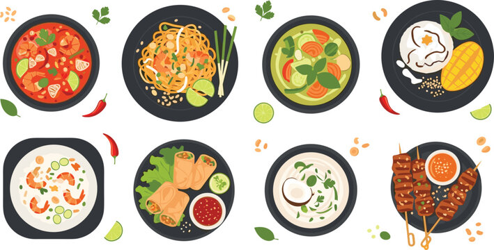 Asian cuisine dishes collection top view with noodles soup spring rolls grilled skewers rice and seafood colorful flat vector illustration isolated background