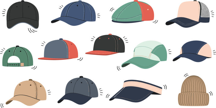 Baseball caps and hats collection set with snapback trucker visor and beanie casual headwear fashion accessories flat vector illustration