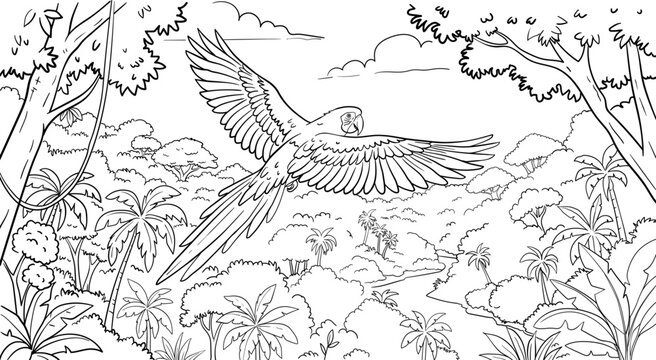 Tropical Jungle Parrot Flying Coloring Page