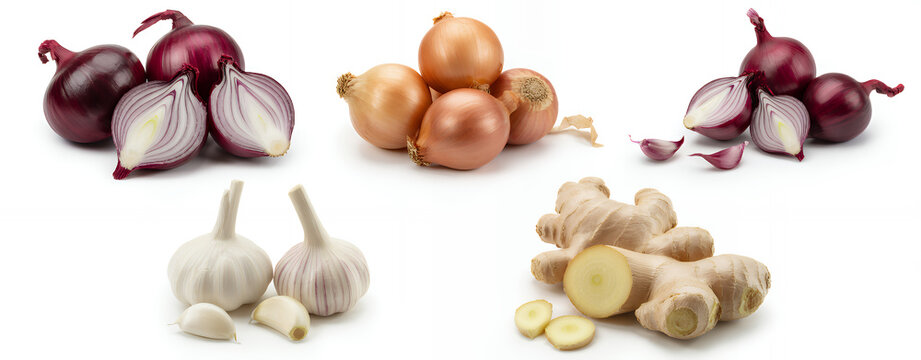 Collection of onions garlic and ginger roots red onion yellow onion