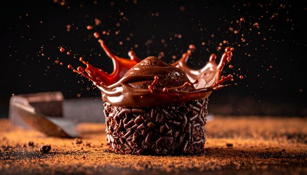 Brazilian brigadeiro volcano dessert exploding with rich molten chocolate lava, dramatic splash moment frozen in air, ultra macro texture, dark cinematic background, luxury gourmet plating
