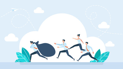 Obraz premium Professional group chasing a masked thief carrying a large black bag, concept of data breach, corporate espionage, intellectual property theft and security pursuit in flat style. Flat illustration.