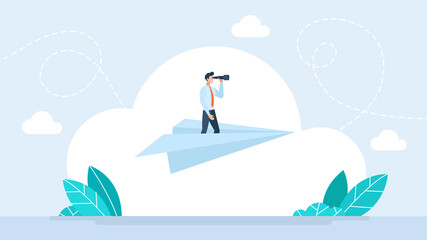 Obraz premium Businessman standing on a paper plane looking through binoculars to the future, concept of business vision, strategic planning and searching for new opportunities in flat style illustration.