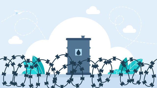 Oil barrel behind barbed wire fence, concept of energy crisis, fuel sanctions, fuel embargo and global resource scarcity in flat minimalist style. Protective secure metal. Flat illustration.