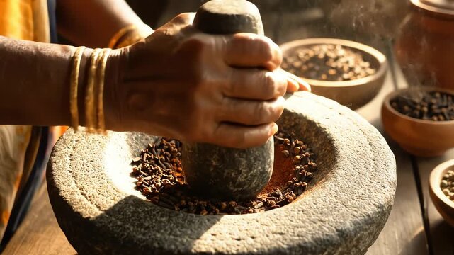 Woman grinding spices in stone mortar and pestle close up