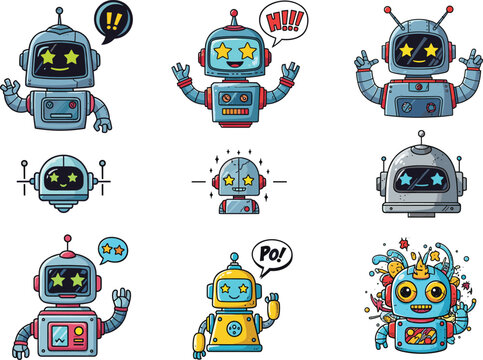 Cute cartoon robot characters vector set with star eyes, colorful designs, emotions, speech bubbles, tech elements, sci-fi theme - flat vector