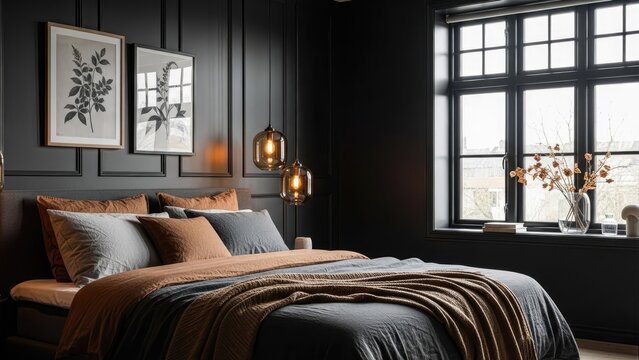 Elegant bedroom interior design with modern bed and decorative artwork