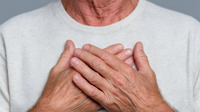 Elderly Man with Hands on Chest Expressing Emotion and Reflection in Shirt