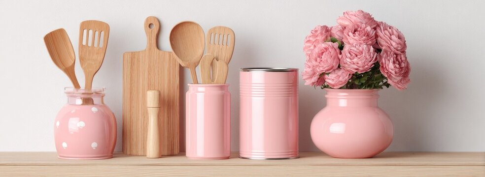 Pink kitchen decor arrangement with wooden utensils cutting board and flowers