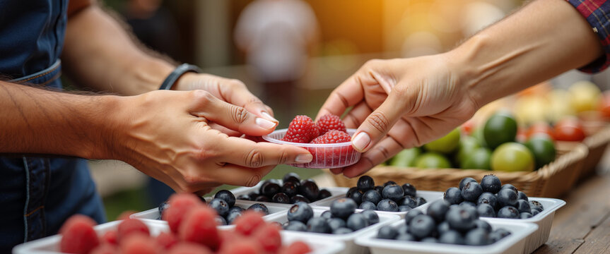 Customer receiving fresh raspberries from vendor at market stall  