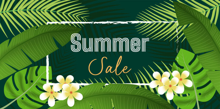 Vibrant summer sale banner with green tropical leaves background,