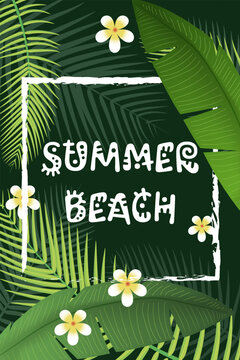 Summer Beach Vacation Tropical Frame with Green Leaves and White Flowers