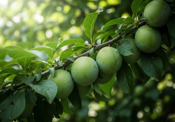 Green plums hanging from tree branch with leaves outdoors