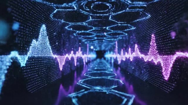 Abstract digital sound waves in vibrant blue and purple colors dynamically pulse and flow across a futuristic data grid, visualizing music in a compelling motion animation clip.