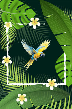 Vibrant Blue and Yellow Macaw Parrot in Flight Against Lush Tropical Green Leaves with White Flowers