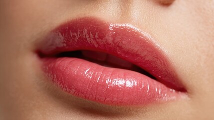 Fototapeta premium Close-Up of Glossy Pink Lips with Natural Shine