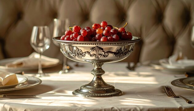 Ornate silver serving platter with intricate scrolling and floral engravings holding a generous cluster of fresh red grapes on a sophisticated dining table.