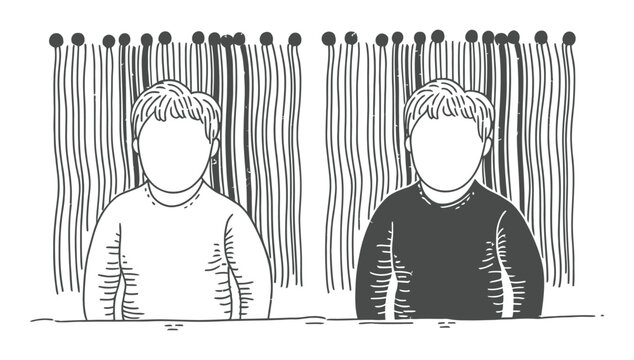 Two figures, one light and one dark, stand behind a curtain