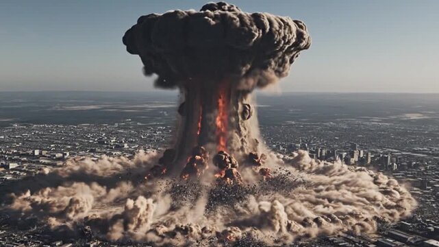 A dramatic overhead view shows a city experiencing a massive central explosion, forming a mushroom cloud. Fiery blasts erupt around it, with smoke and debris filling the air.

