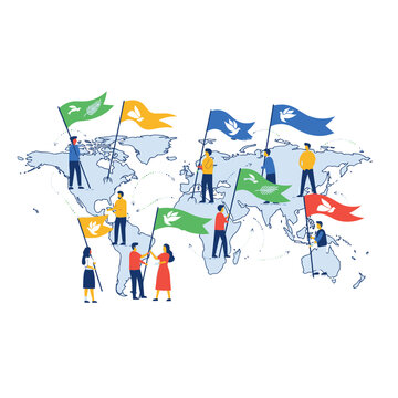 Global unity concept with diverse people holding dove flags on a world map, symbolizing international peace, environmental protection, and collective efforts for a better future