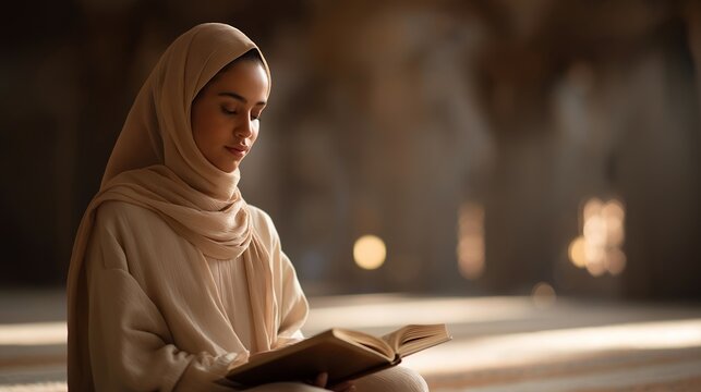 Woman reading Quran in mosque prayer hall at dawn, morning light through clerestory windows, rows of empty prayer rugs, hijab and open book on lap, ideal for private study and modern contemplation