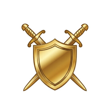 Golden Shield and Crossed Swords Emblem, Metallic Medieval Knight Armor Icon, Royal Heraldic Crest and Military Defense Symbol Isolated Transparent Background for for Gaming, Logo Design and Security